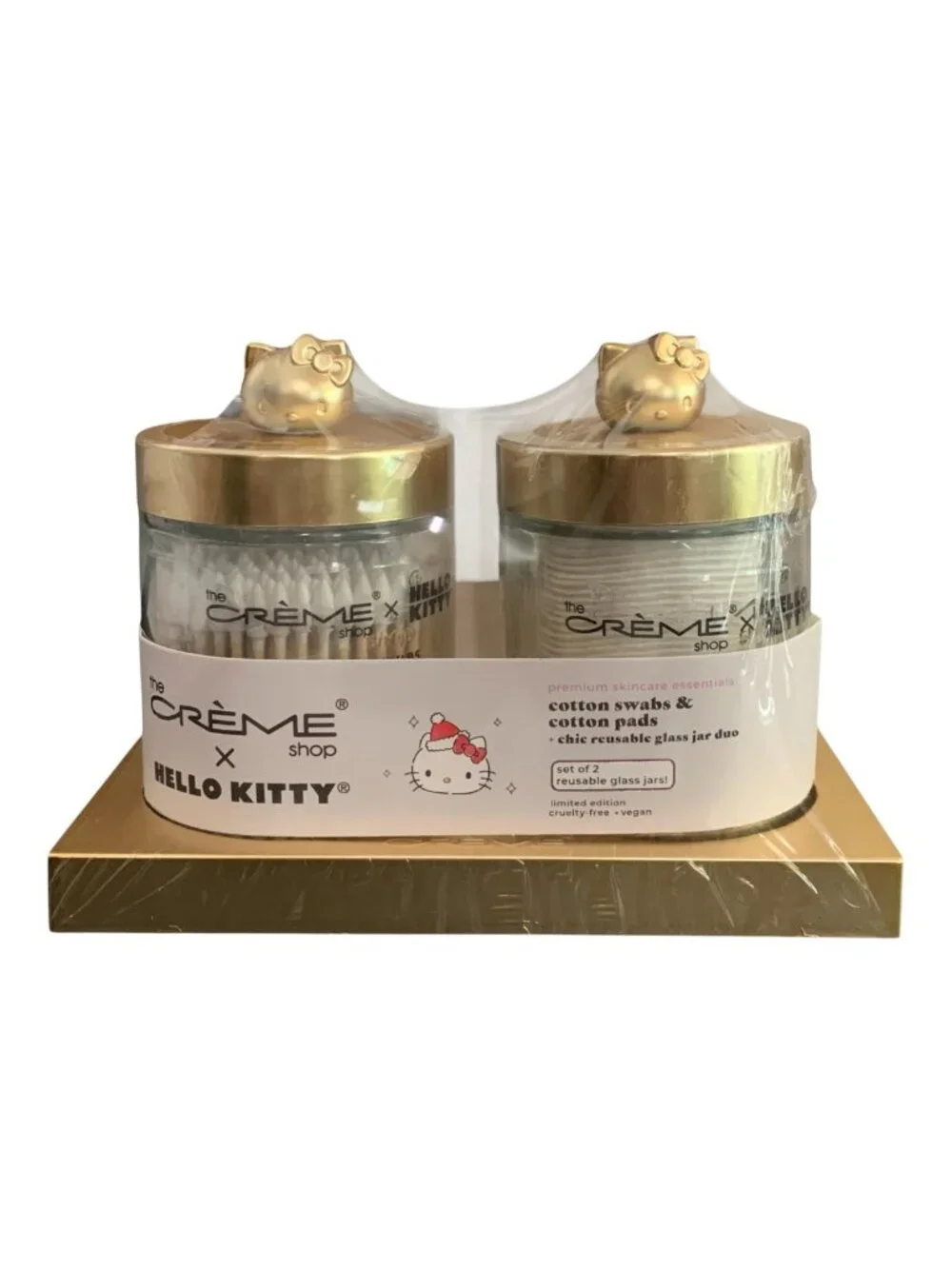 The Crème Shop x Hello Kitty Glass Jars & Base Set Cotton Pads & Swabs Gold New